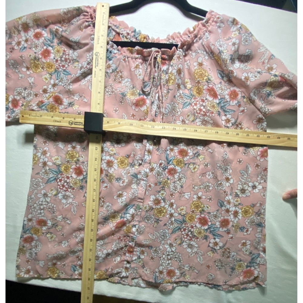 Astrologie Pink Floral Peasant Blouse XL Button Front Smocked Cuff Ruffle Neck - Picture 5 of 5